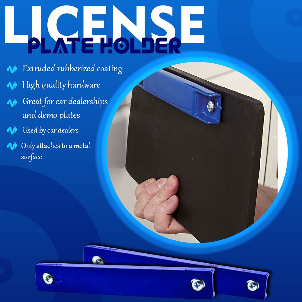 Strong Rubber Molded Magnetic License Plate Holder - Set of 2 with Blue Accents & Screws - Perfect for Car, Truck, RV & Motorcycle Number Plate Installation
