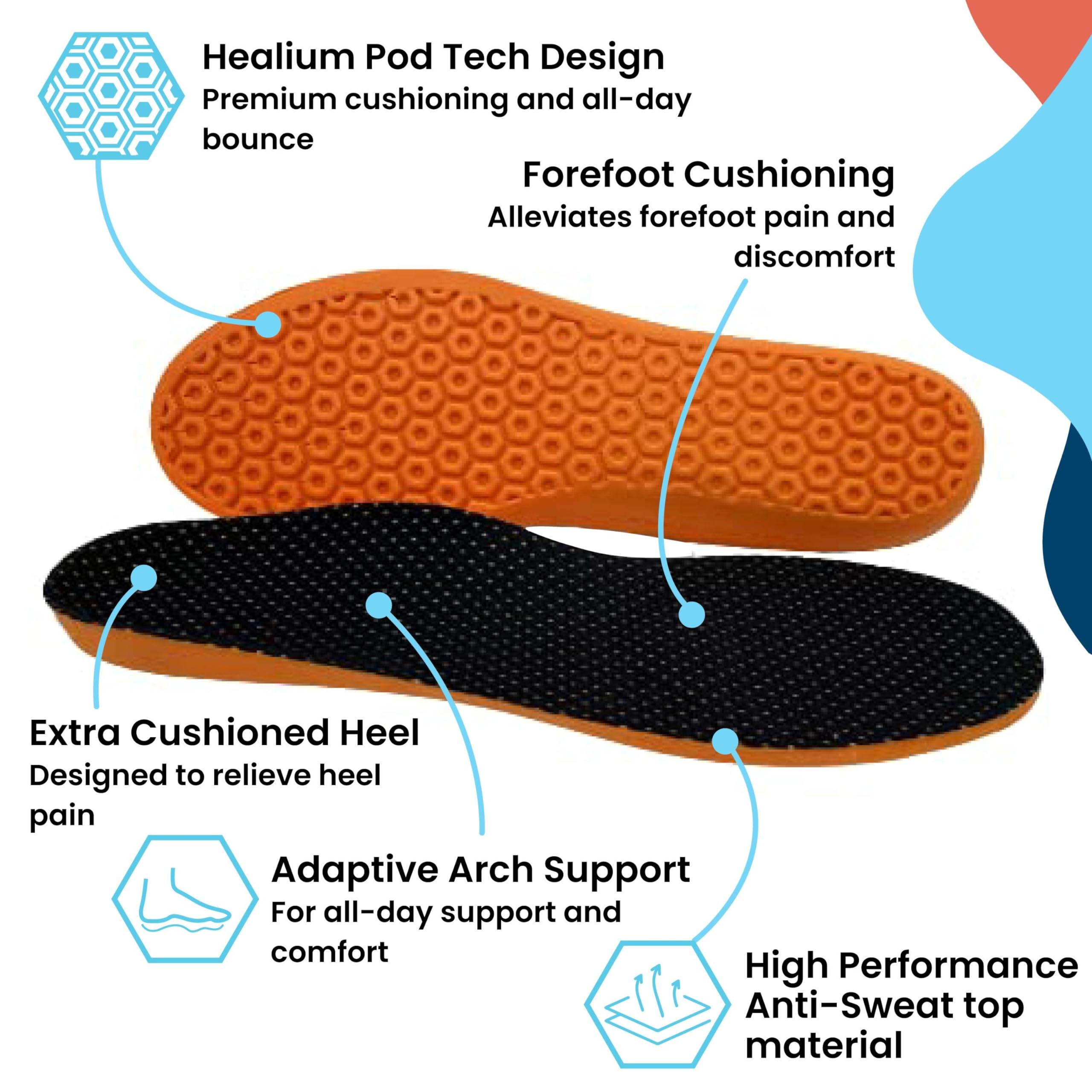 HUHV HEALIUM Boost+ Performance Unisex Insoles - Orange Cushioning for All-Day Comfort (Men's 8 / Women's 10) - Perfect for Running, Walking & Work Shoes