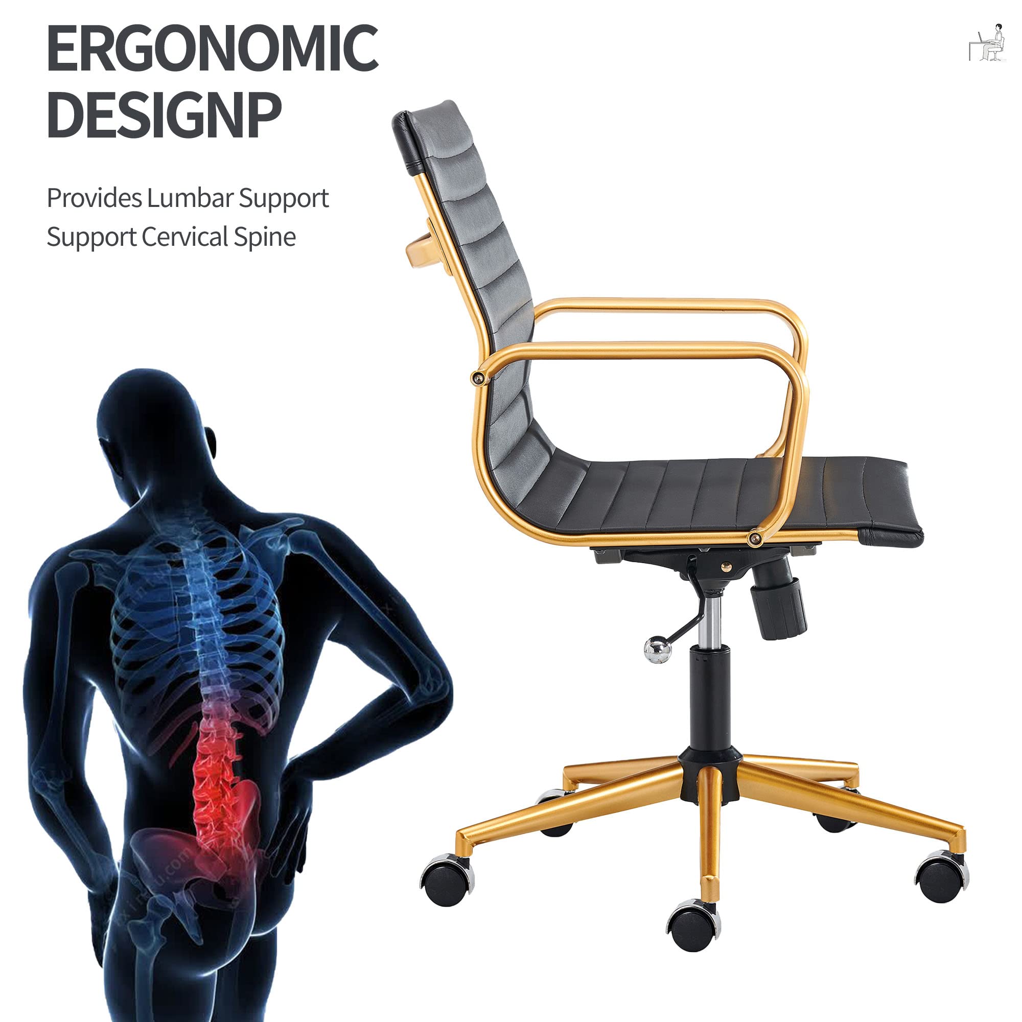 Premium Ergonomic Office Chair - Modern Leather Swivel Executive Desk Chair with Ribbed Design, Rolling Wheels for Home & Conference Room - Black & Gold (Ideal for Long Work Hours & Video Meetings)