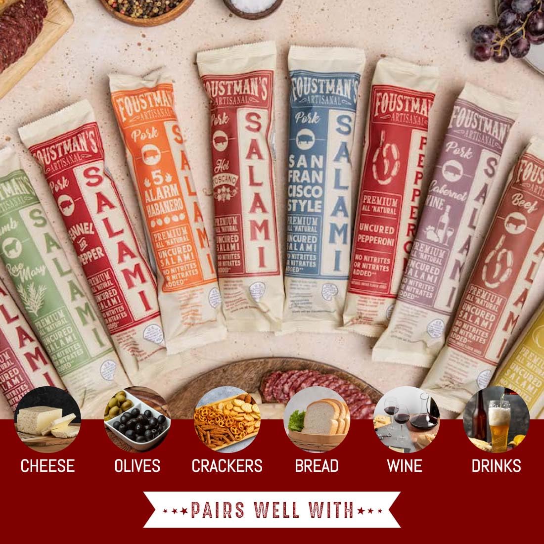 Foustman's Artisanal Salami Variety Pack - Nitrate-Free, Naturally Cured, Gluten-Free & Dairy-Free (6 Pack) | Perfect for Charcuterie Boards, Picnics & Gourmet Gifts