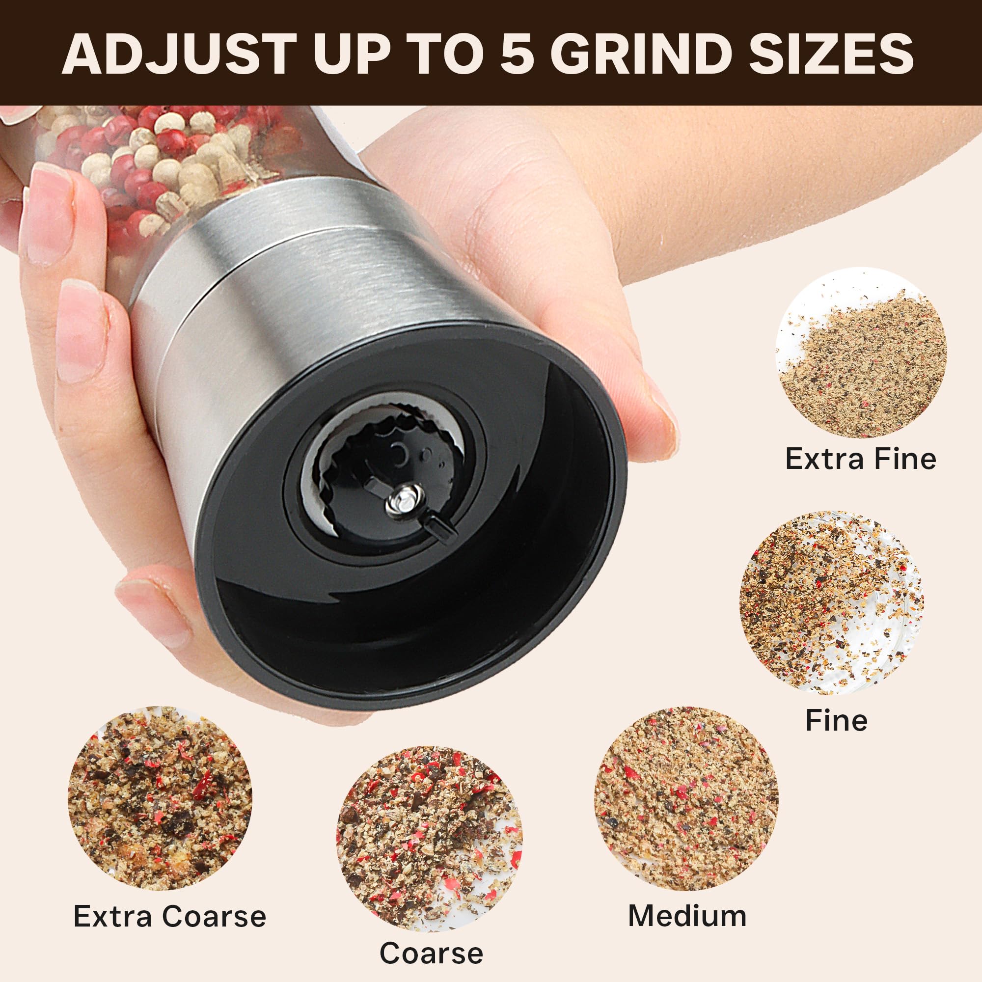 Premium Stainless Steel Salt and Pepper Grinder Set - Adjustable Coarseness, Refillable Glass Shakers for Himalayan Salt & Black Peppercorns with Bonus Stand - Perfect for Kitchen, Dining Table, and Gourmet Cooking