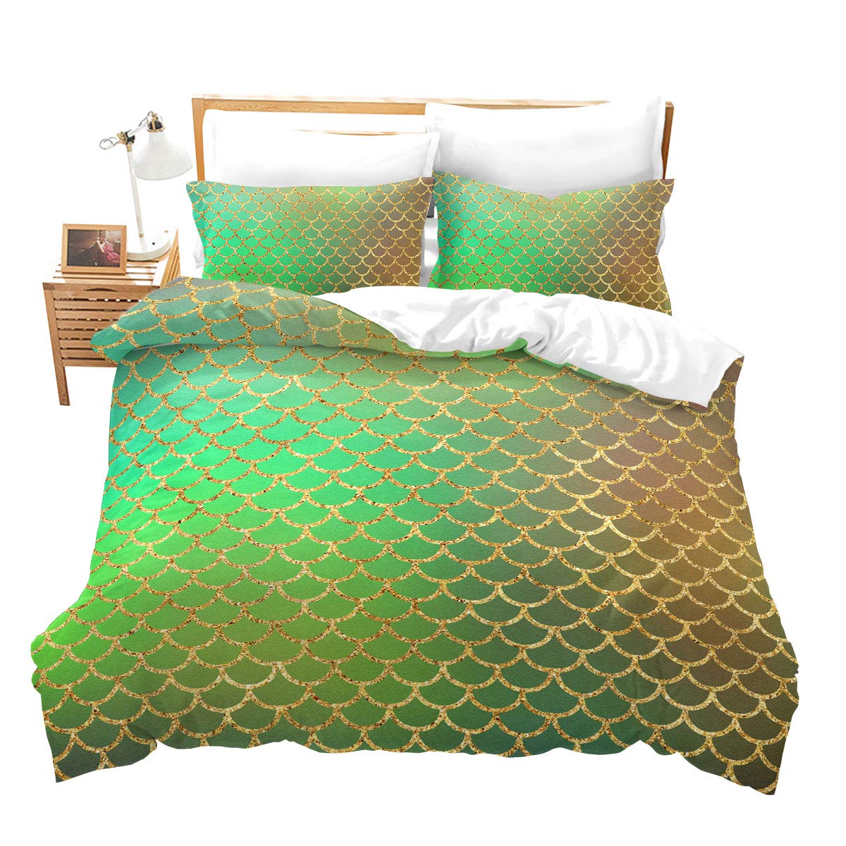 Mermaid Fish Scales Duvet Cover Set King Size - Soft Lightweight Microfiber Polyester Bedding for Kids & Girls - Green Ocean Themed Comforter Cover with Zipper & Ties (Comforter Not Included) - Perfect for Themed Bedrooms, Sleepovers & Underwater Decor