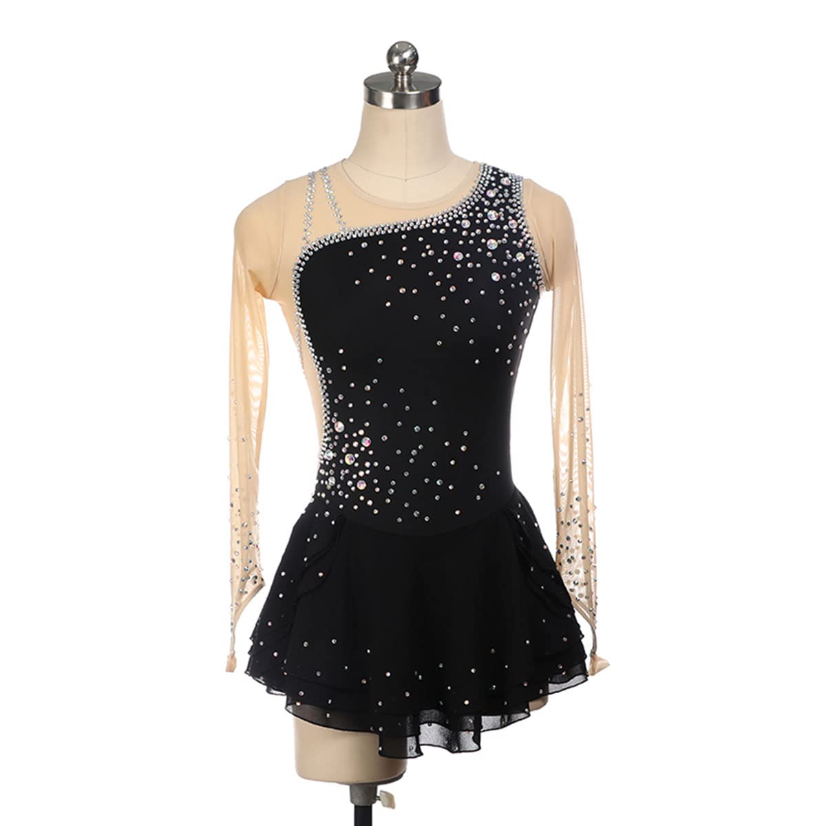 Elegant Women's Figure Skating Dress with Rhinestones - Long Sleeve Ice Skating Leotard for Winter Sports & Gymnastics Performance | Perfect for Competitions, Shows, and Practice Sessions