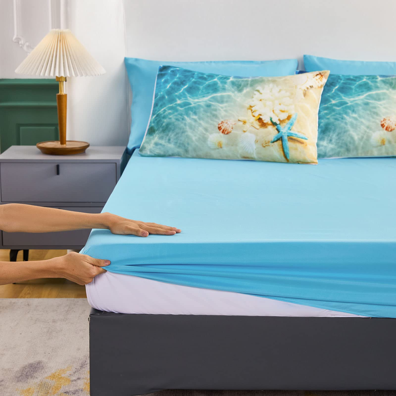 Bedbay Coastal Bedding Set 8-Piece Queen Size - Lightweight Summer Comforter & Quilt Set in Turquoise Ocean Design, Perfect for Beach-Themed Rooms, Teen Girls & Women Bedrooms | Breathable Bed in a Bag for Warm Weather & Coastal Decor