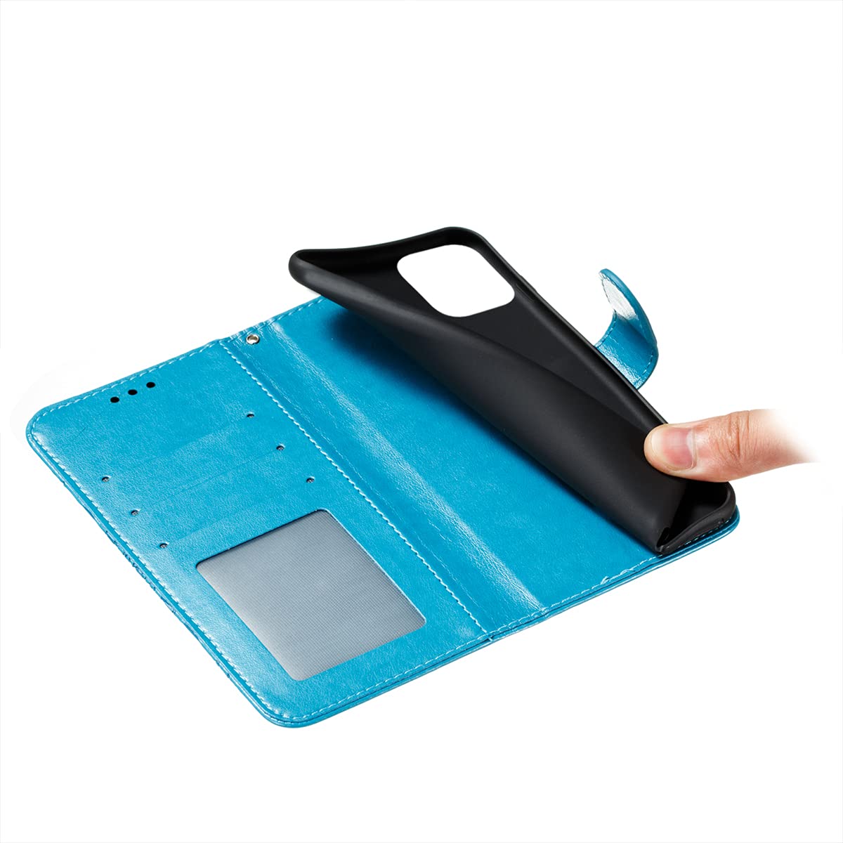 OOPKINS PU Leather iPhone 13 Mini Case - Mandala Blue Wallet Cover with Card Slot & Magnetic Stand for Work & Travel