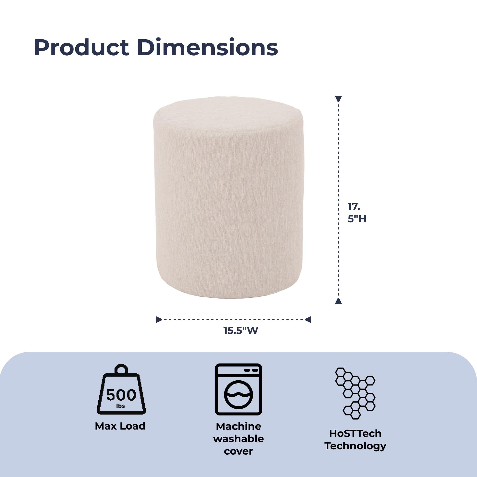 Round Pouf Ottoman Footrest - Lightweight Circular Stool for Living Room, Bedroom & Kids Room - Cream (15 x 15 x 17.5 Inches) - Perfect for Relaxing, Extra Seating & Home Decor