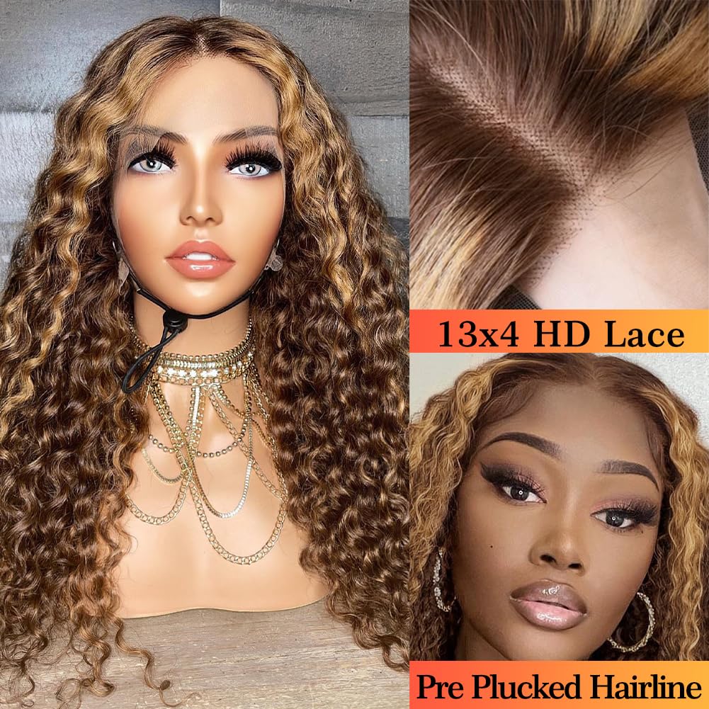 LuAiJa 28inch 13x4 HD Lace Front Wig - 180% Density Ombre Curly Human Hair Wig with Baby Hair & Pre-Plucked Hairline | Highlighted Deep Wave Wigs for Women | Perfect for Parties, Weddings & Daily Styling