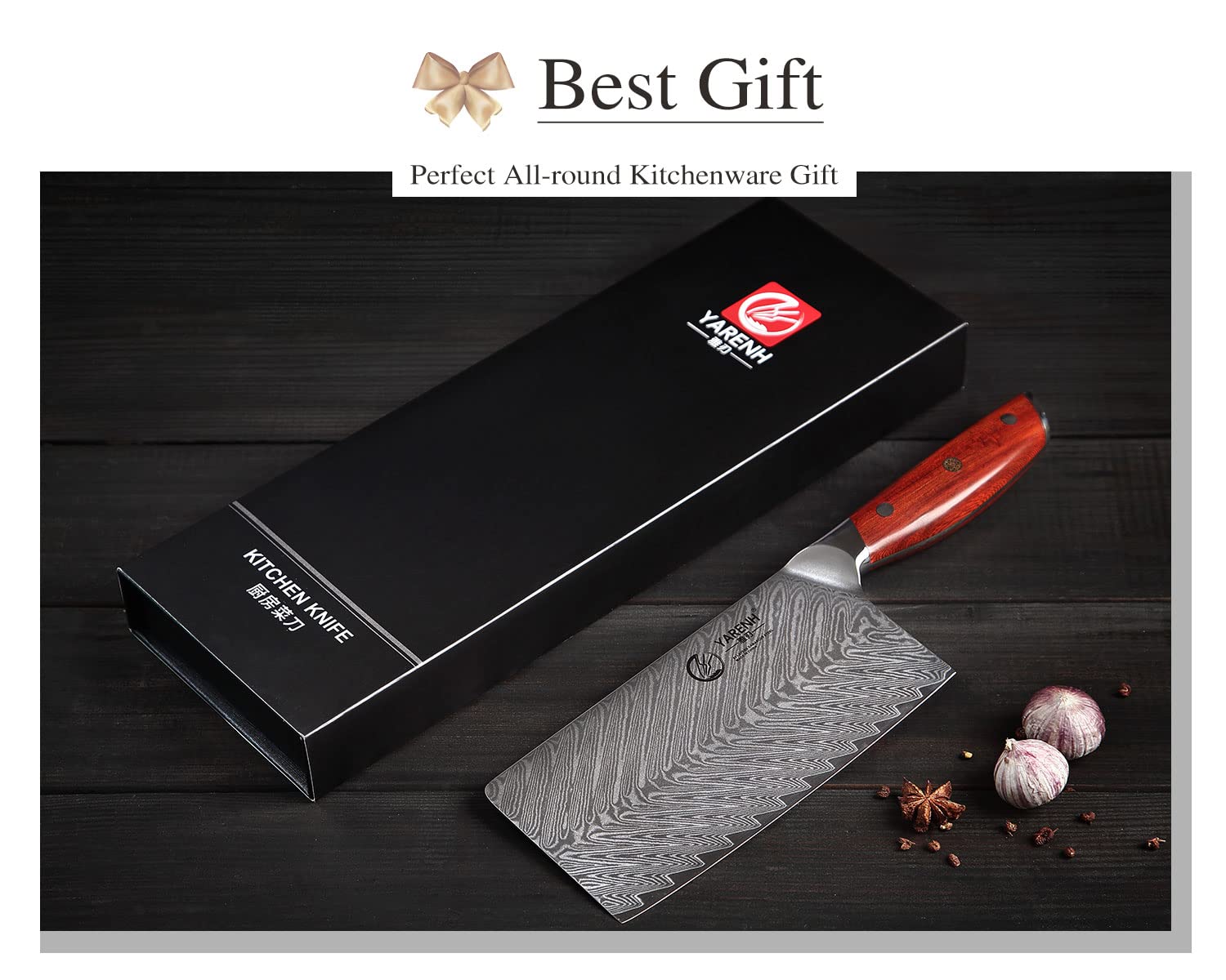 YARENH 7 Inch Damascus Chinese Cleaver Knife - 67 Layer High Carbon Stainless Steel Chef Knife, Ultra Sharp & Rust Resistant with African Sandalwood Handle (Gift Box Included) - Perfect for Slicing, Dicing & Chopping Vegetables, Meat & Herbs