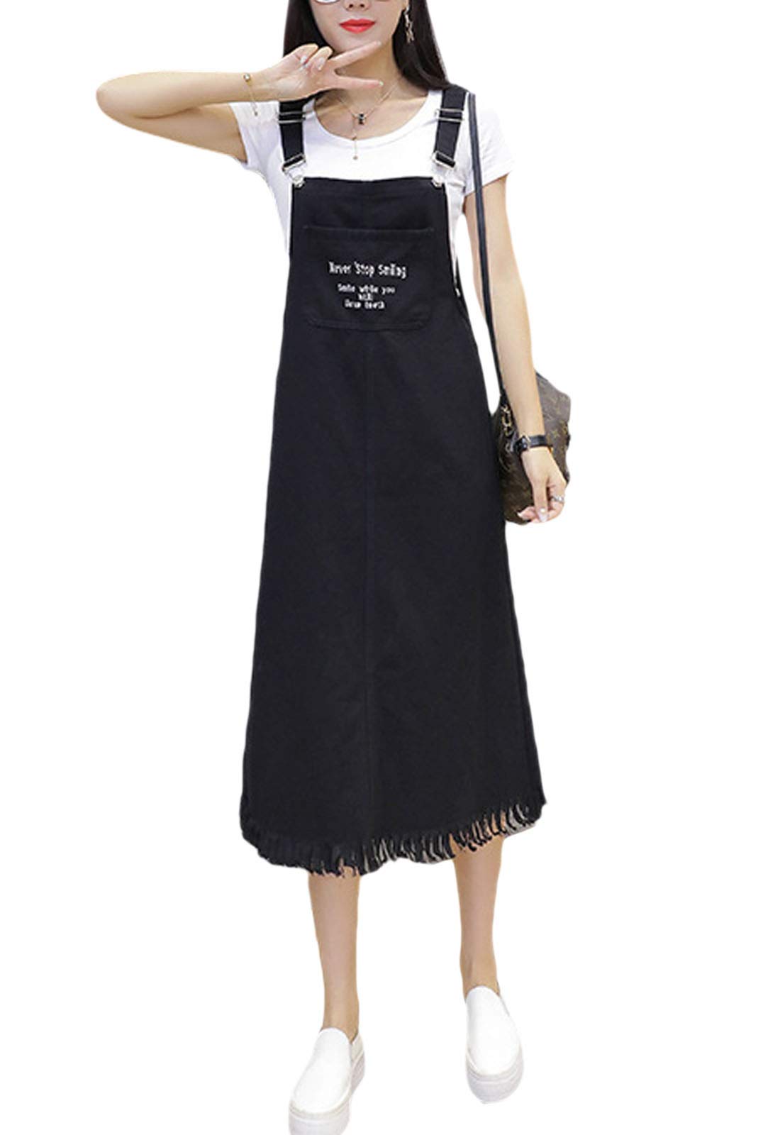 Flygo Women's Button Front Midi Long Denim Jumpsuit Overalls Pinafore Dress - Casual Vintage Style for Everyday Wear, Date Night & Outdoor Activities