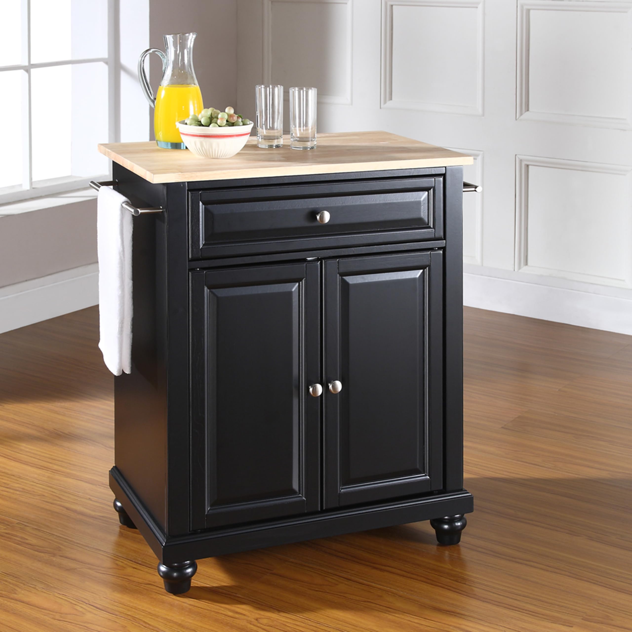 Crosley Cambridge Wood Top Portable Rolling Kitchen Island Cart with Storage - Microwave Stand, Small Kitchen Organizer, Black - Perfect for Small Kitchens, Apartments & Dorm Rooms