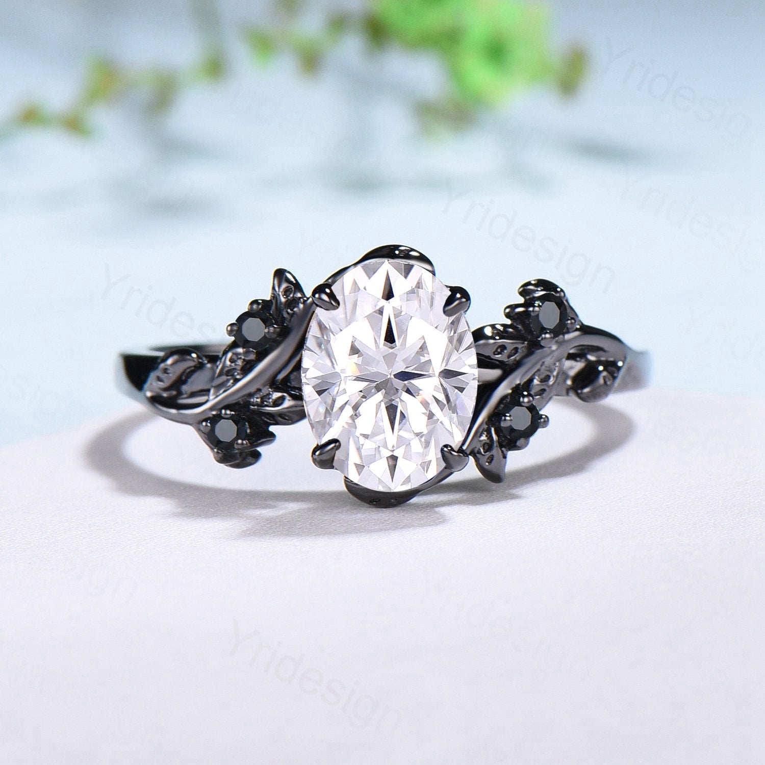 Unique Black Gold Oval Cut Moissanite Engagement Ring with Cluster Sapphire Accents - Nature Inspired Wedding Ring for Women | Perfect for Proposals, Anniversaries & Special Occasions