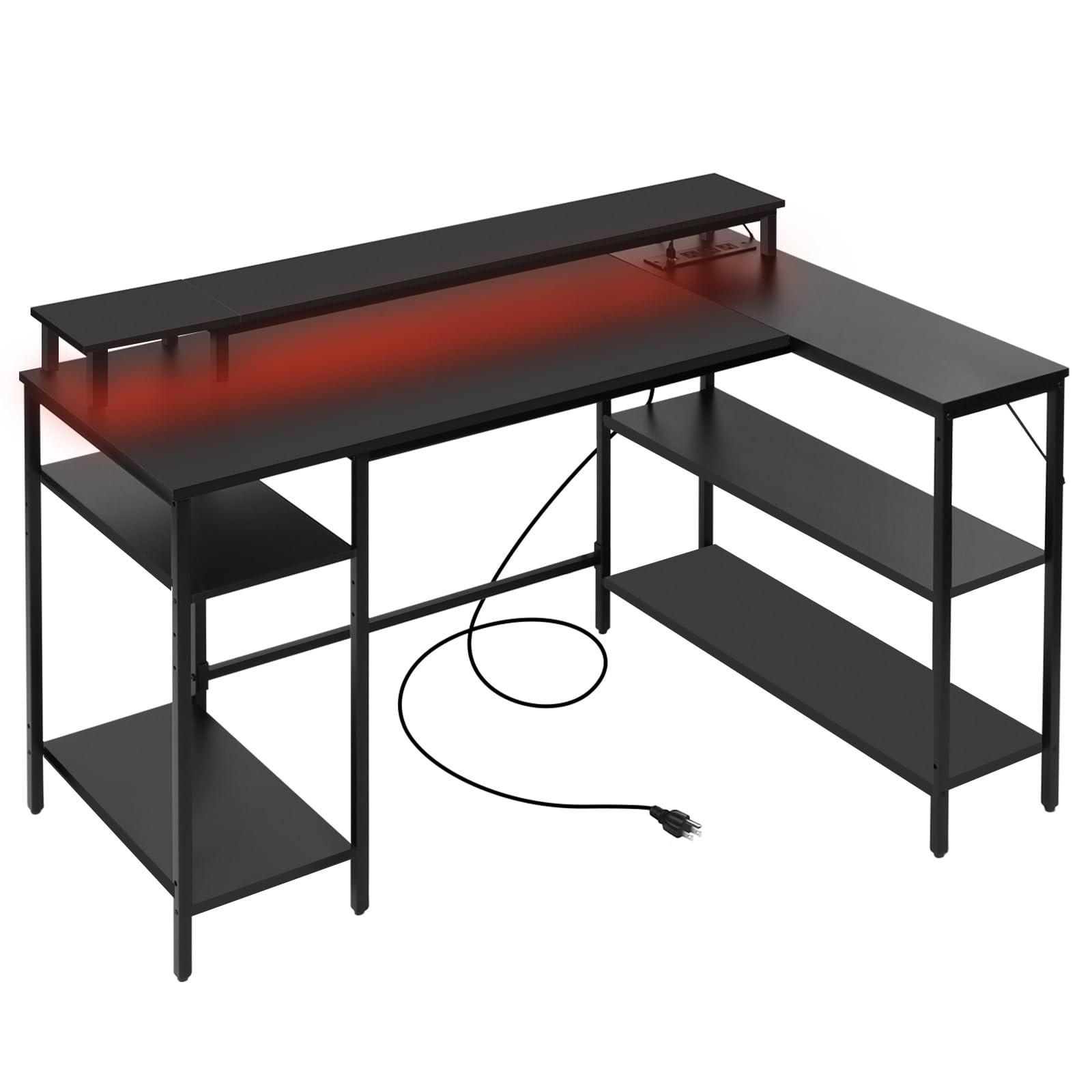 L-Shaped Computer Desk with LED Lights & Power Outlet - Reversible Corner Office Desk with Monitor Stand & Shelves - Gaming & Home Office Desk for Bedroom, Study Room & Small Spaces (Black)