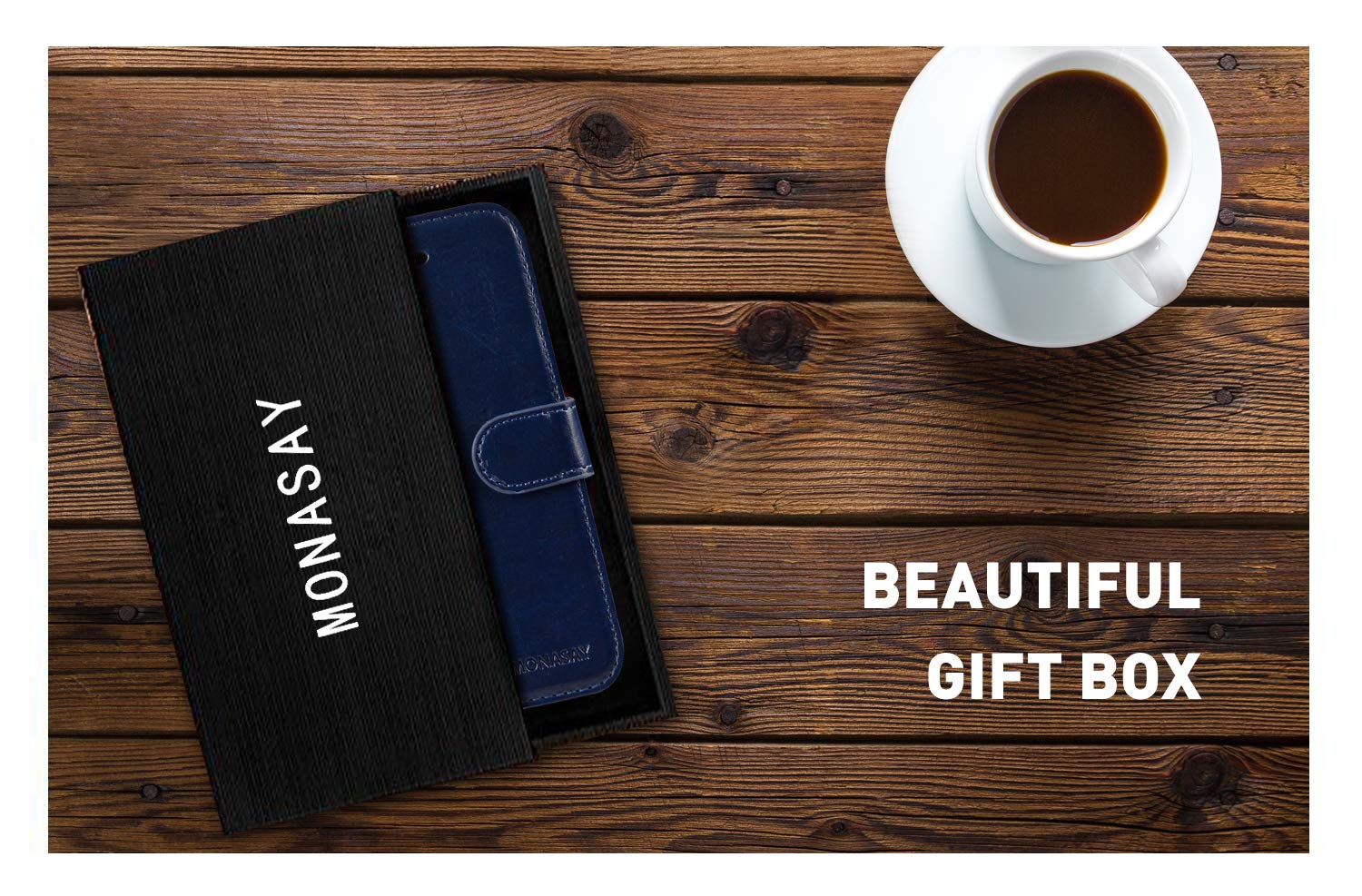 MONASAY Leather Wallet Case for iPhone 8 Plus & 7 Plus (5.5 Inch) - RFID Blocking Flip Cover with Card Slots & Tempered Glass Screen Protector | Perfect for Everyday Use, Travel & Business (Blue)