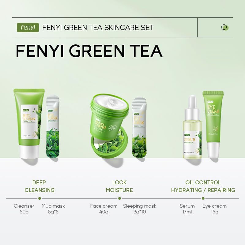 Green Tea Skincare Set - 19-in-1 Natural Skincare Gift Set with Cleanser, Serum, Cream, Eye Cream & Masks | Moisturizing Facial Care Kit for Teen Girls | Perfect for Daily Routine & Spa Night