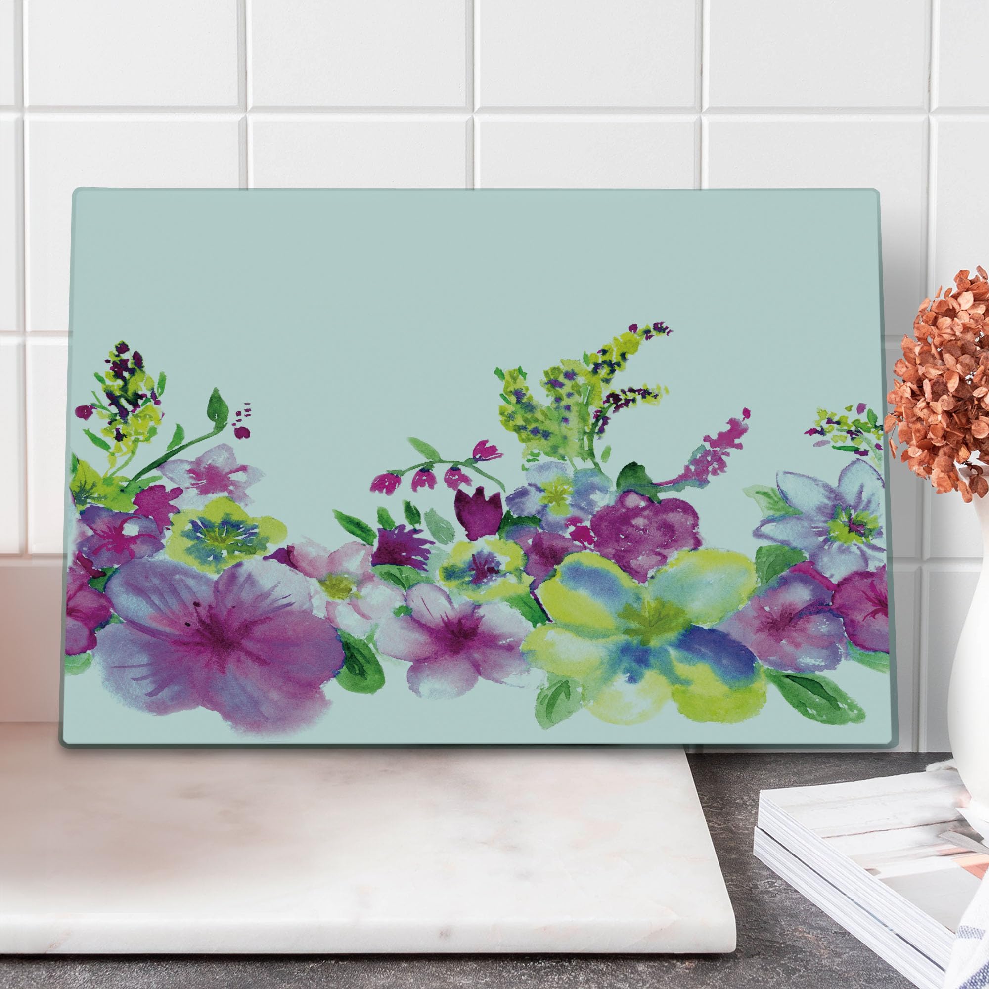 Ambesonne Watercolor Flower Cutting Board - Large Tempered Glass Serving Board with Abstract Floral Art, Heathers & Stocks Design - Pink & Green Decorative Kitchen Accessory for Cheese, Charcuterie & Entertaining
