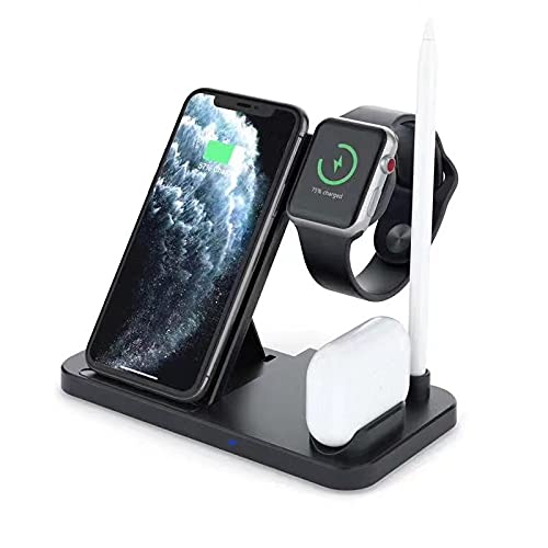 AltaQ 4-in-1 Qi-Certified 10W Fast Wireless Charging Station - Compatible with iPhone 11/11 Pro/11 Pro Max/X/XS/XR/XS Max/8/8 Plus, Samsung Galaxy, Apple Watch & AirPods - Perfect for Home, Office & Travel Charging Needs