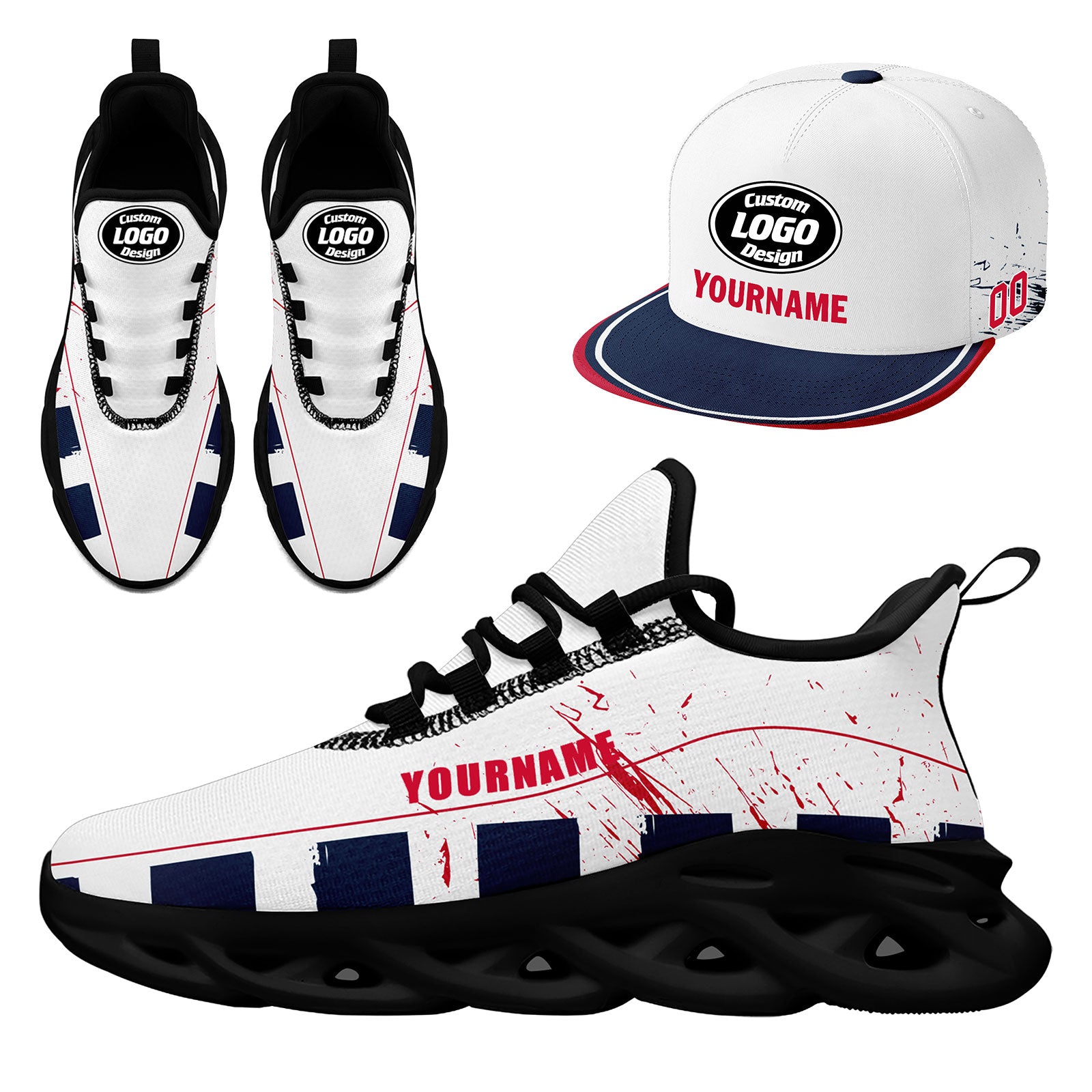 Custom New England MaxSoul Shoes & Hat Combo - Personalized Blue White Red Patriotic Set | Perfect for Sports Fans, Game Day Outfits & American Pride Events