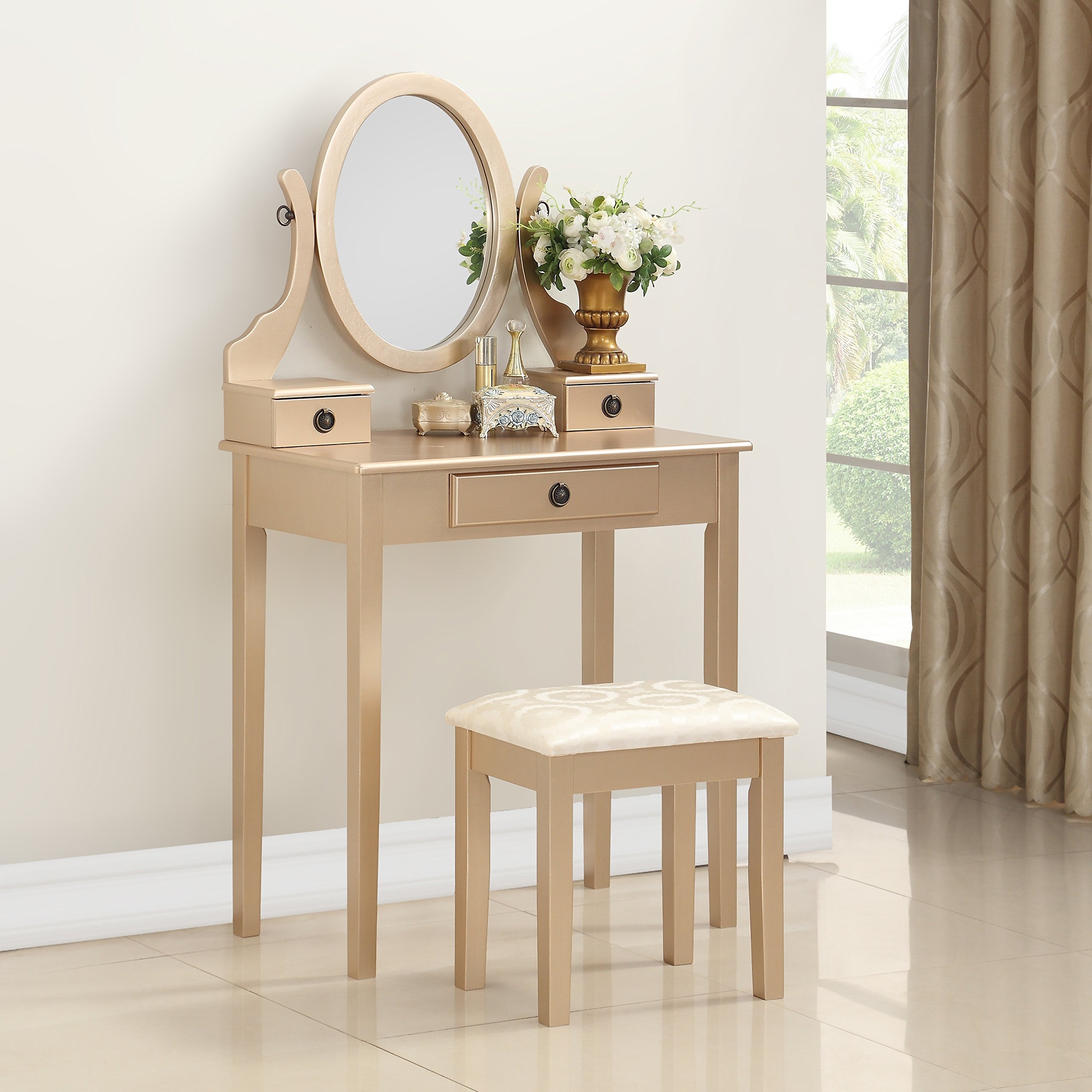 Roundhill Furniture Moniys Wood Makeup Vanity Table and Stool Set with Mirror - Gold Finish | Elegant Dressing Table for Bedroom, Bathroom & Beauty Salon
