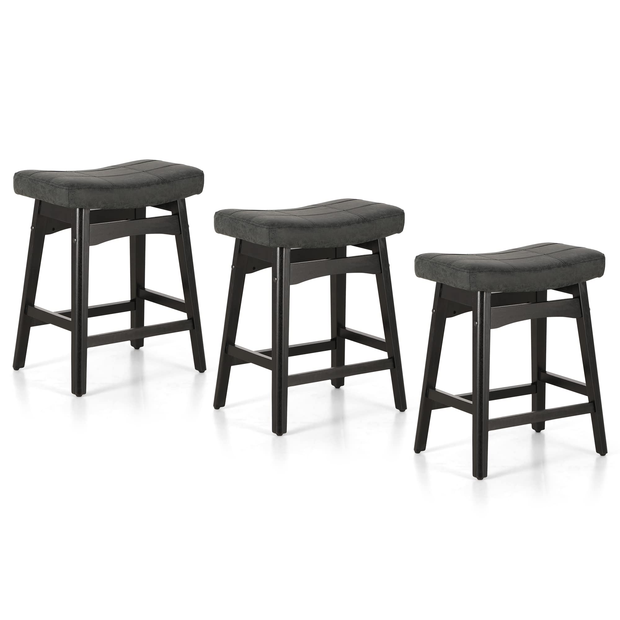 MAISON ARTS Set of 3 Black Counter Height Bar Stools - Solid Wood Legs & Faux Leather Saddle Seat - 24in Height for 34