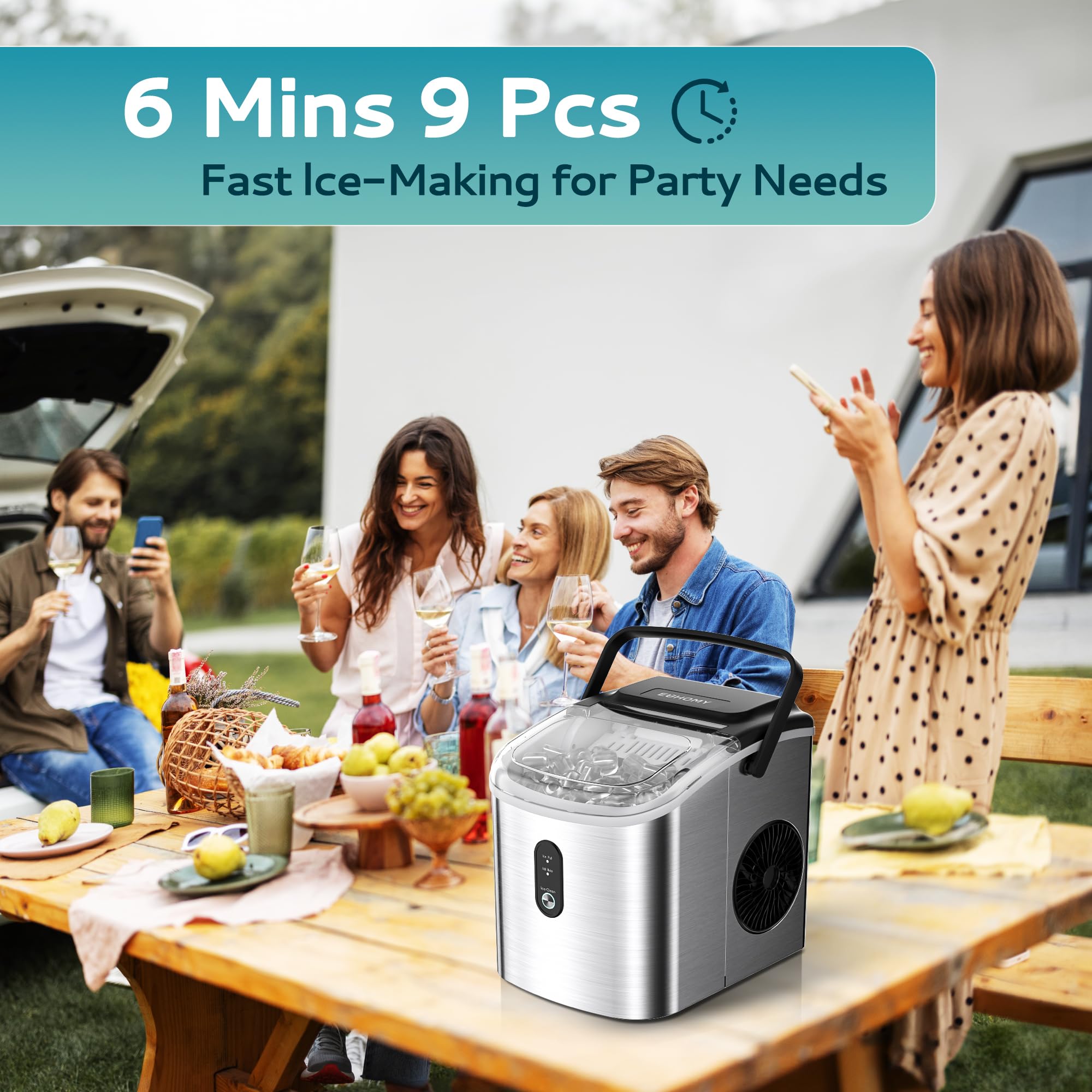 EUHOMY Portable Ice Maker Machine - 26.3lbs Daily, 9 Cubes in 6 Minutes, Auto-Cleaning Countertop Ice Maker with Handle, Basket & Scoop - Perfect for Home, Kitchen, Camping, RV & Office Use (Silver)