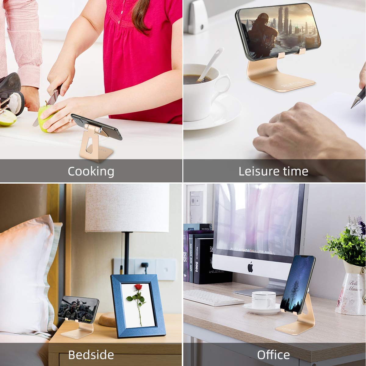 Urmust Adjustable Gold Phone Stand - Universal Smartphone Holder for Desk, Table, Bed & Car Use - Perfect for Watching Videos, Video Calls & Hands-Free Viewing