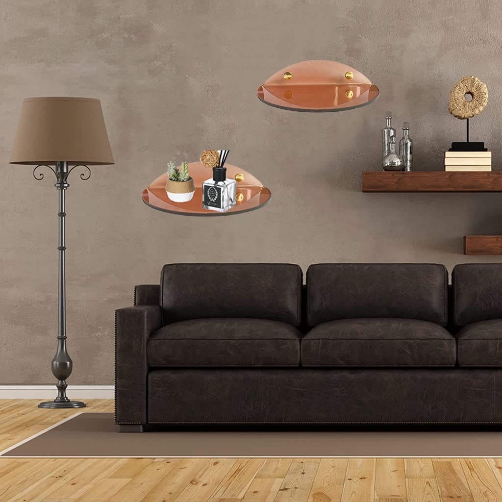 Acrylic Floating Shelves Wall Mounted Set of 2 - Modern Semi-Circle Wall Shelves for Bedroom, Bathroom & Living Room - Display Storage Shelves for Books, Plants, Vases & Home Decor (Brown, Large) - Perfect for Small Space Organization & Stylish Wall Decor