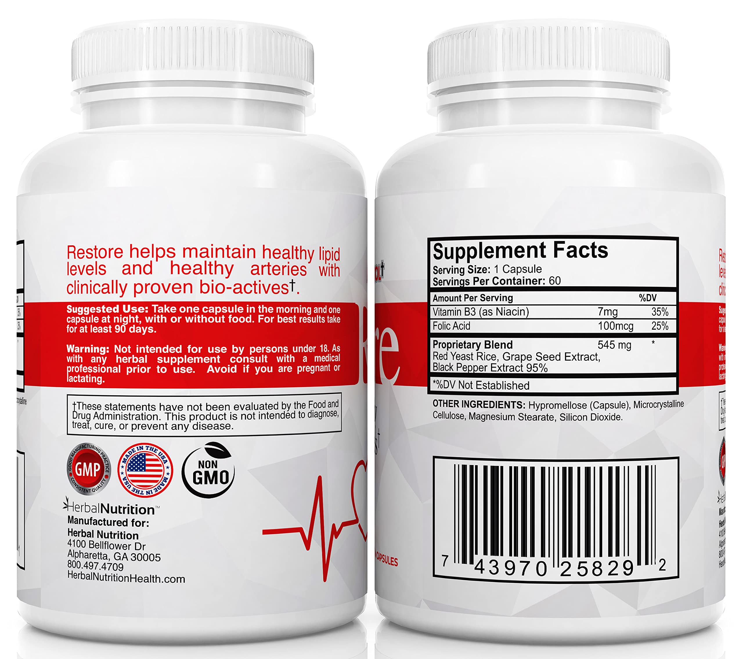 Restore Advanced Lipid Control Supplement - All-Natural Red Yeast Rice, Grape Seed & Folic Acid for Healthy Cholesterol Support | Promotes Cardiovascular Wellness | Perfect for Heart Health Maintenance & Daily Wellness Routine