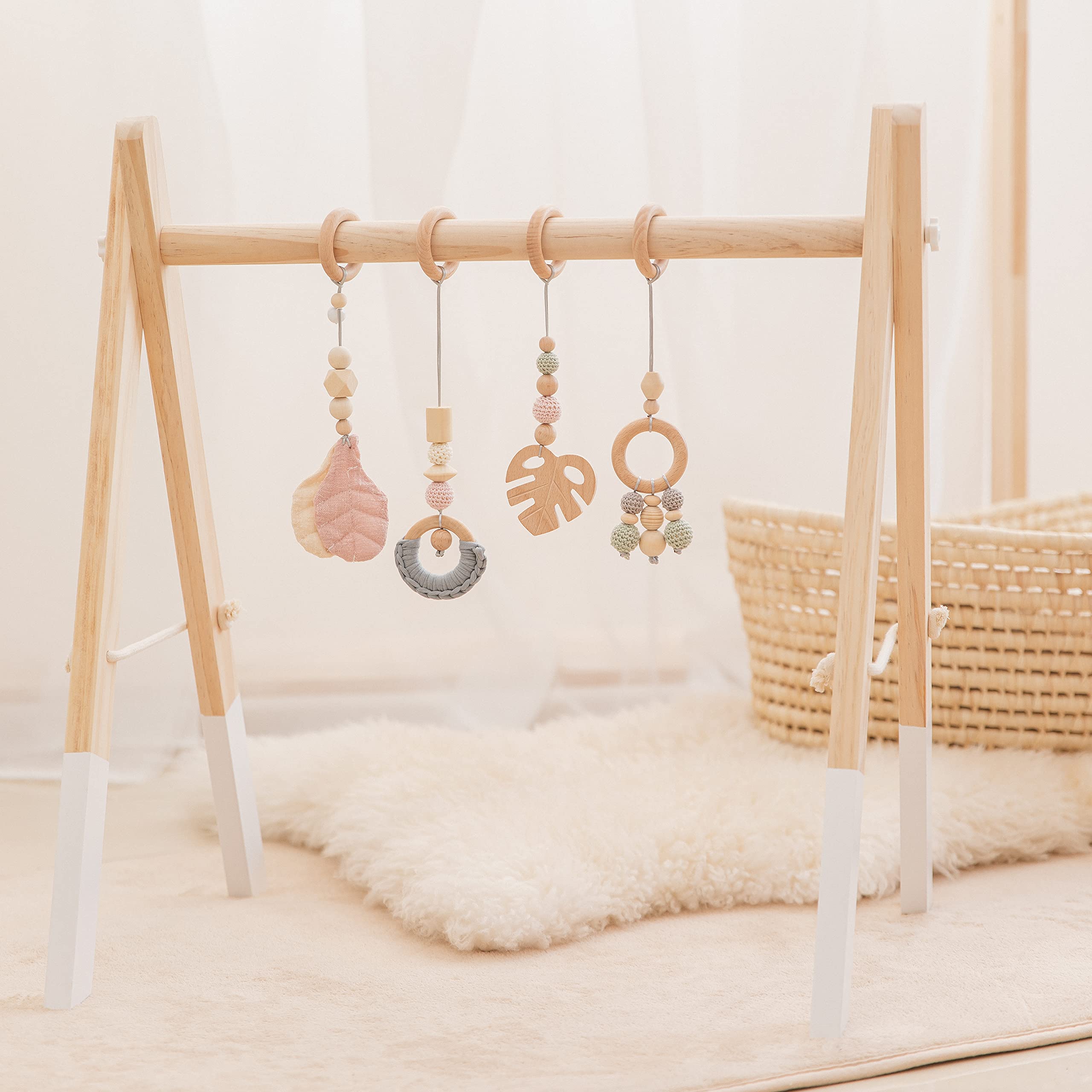 Wooden Baby Activity Gym with 4 Hanging Toys - Foldable Wood Play Gym for Newborns & Infants - Montessori Sensory Development Toy for Boys & Girls (Cool Colors) - Perfect for Tummy Time, Playtime & Early Learning Activities