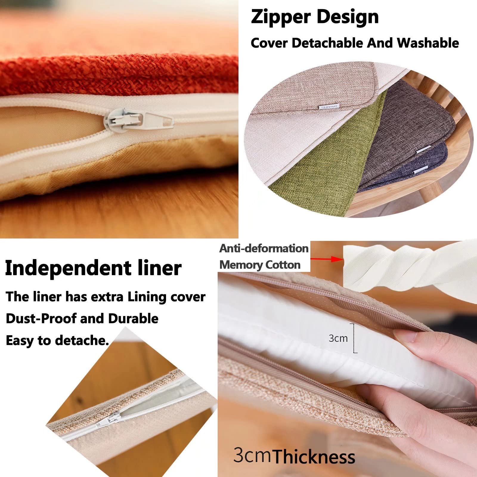 Non-Slip Dining Chair Cushions with Ties - 4 Pack Gray Seat Pads for Kitchen & Dining Room Chairs | Washable & Detachable Chair Cushions for Comfortable Seating at Home, Restaurants or Outdoor Dining