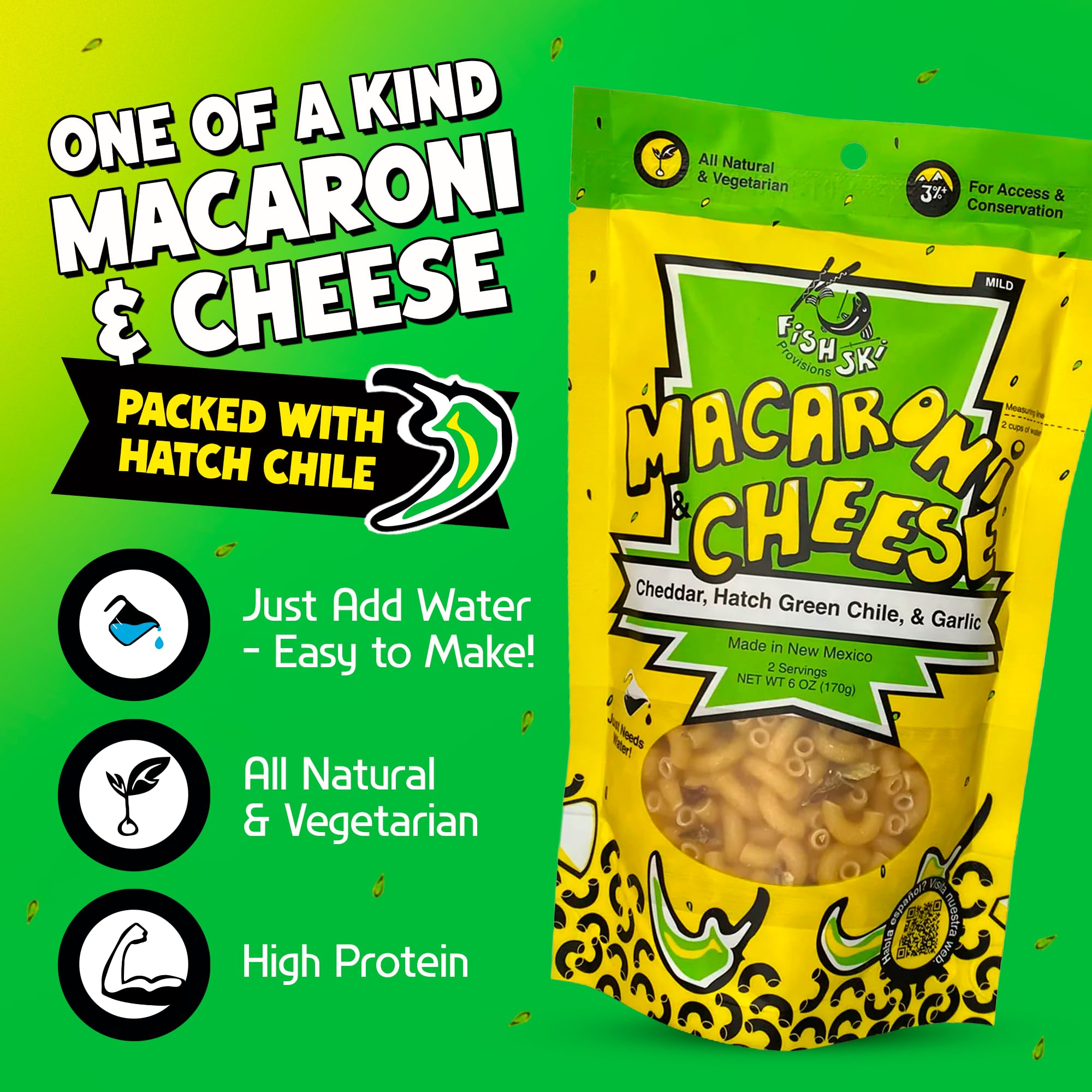 FishSki Provisions Macaroni and Cheese with Hatch Green Chile, Cheddar Cheese & Garlic - 6 oz Bags (24 Pack) | Quick & Easy Meal for Camping, Office Lunches & Family Dinners