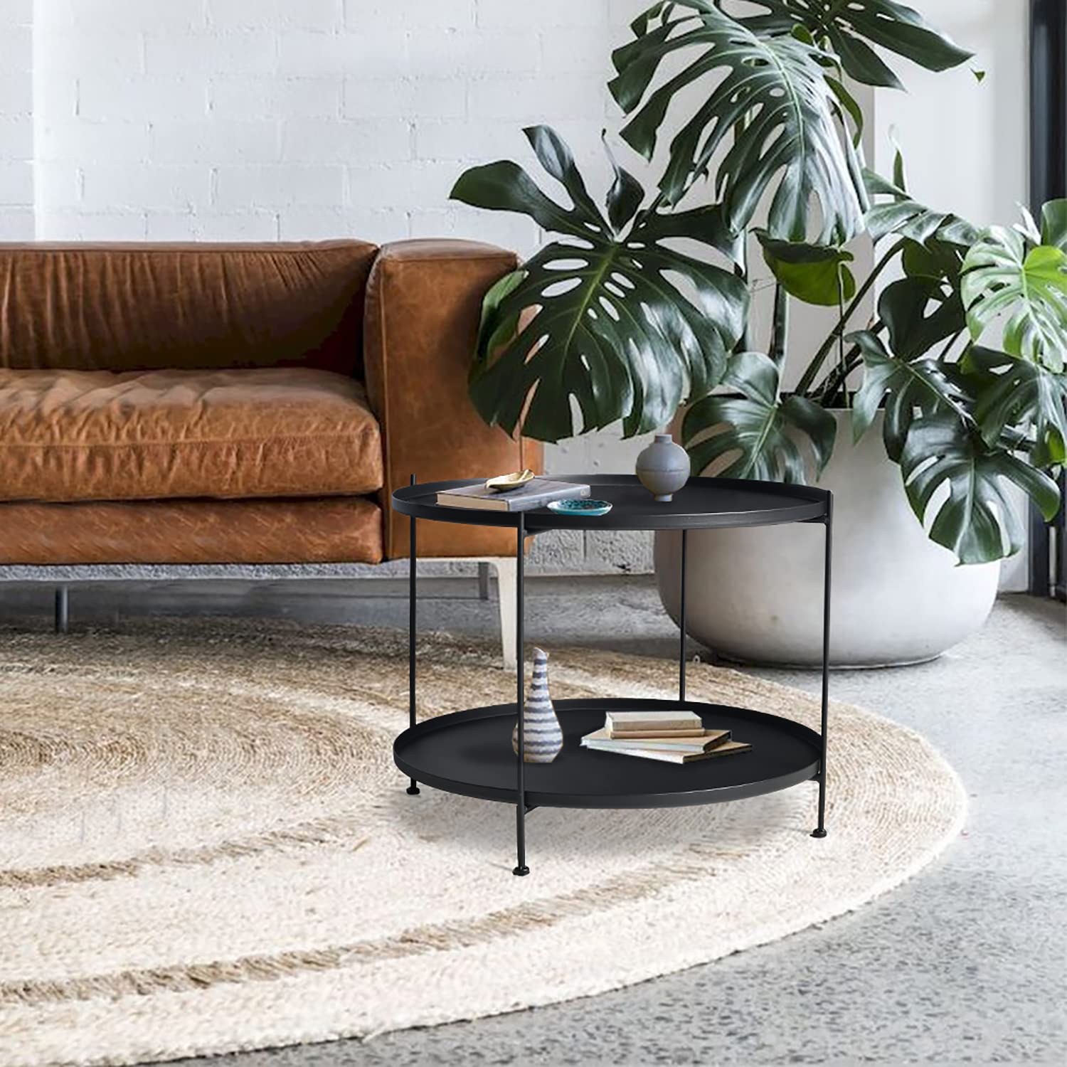 Modern Black Metal End Table - 27.6 Inch Round Side Table for Living Room, Bedroom & Patio - Industrial Style 2-Tier Storage Shelf Coffee Table - Perfect for Small Spaces, Nightstand & Outdoor Furniture