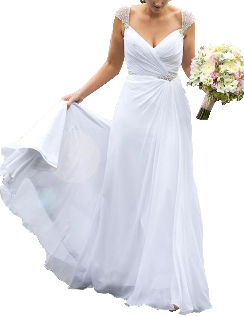 Mulanbridal Plus Size Wedding Dress for Women - Elegant Double V-Neck Chiffon Beaded Bridal Gown | Perfect for Beach, Church & Formal Wedding Ceremonies