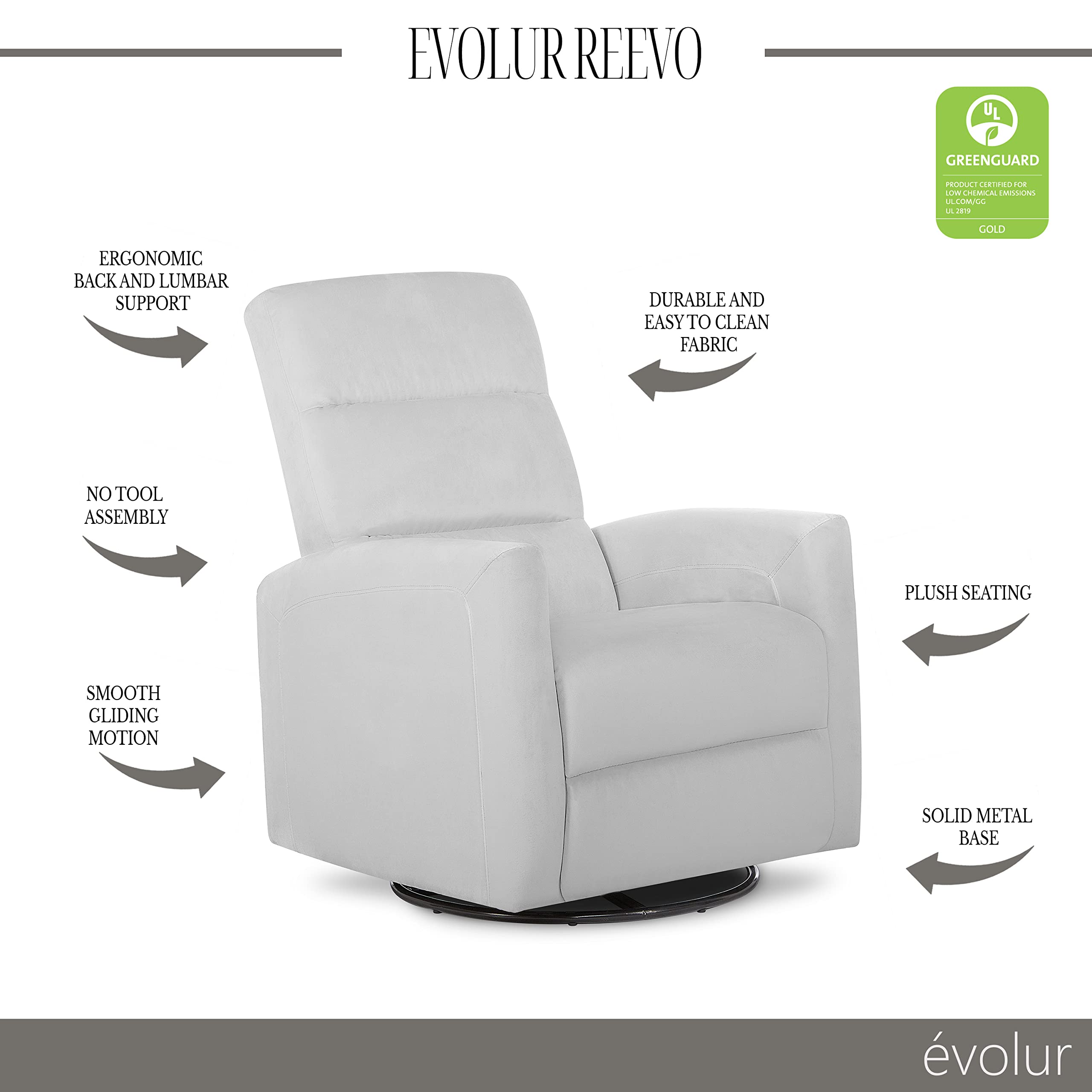 Evolur Reevo Upholstered Faux Leather Glider Swivel Chair - Misty Grey Nursery Rocker with Tool-Free Assembly, Greenguard Gold Certified & Easy to Clean - Perfect for Breastfeeding, Baby Nurseries & Relaxing in Living Rooms