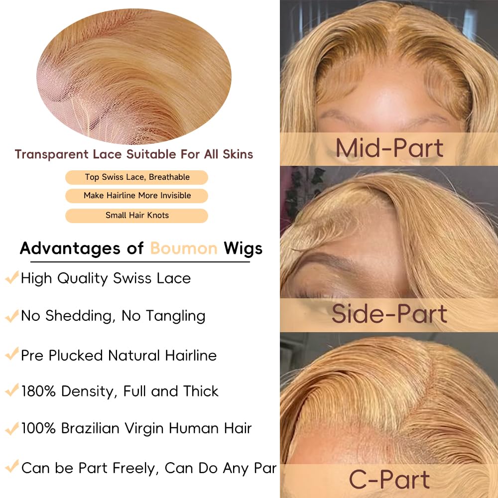 Honey Blonde HD Lace Front Wig 30 Inch - 200% Density Human Hair Wig with Pre-Plucked Body Wave & Lace Frontal (Color 27#) for Daily Wear, Cosplay, and Special Occasions