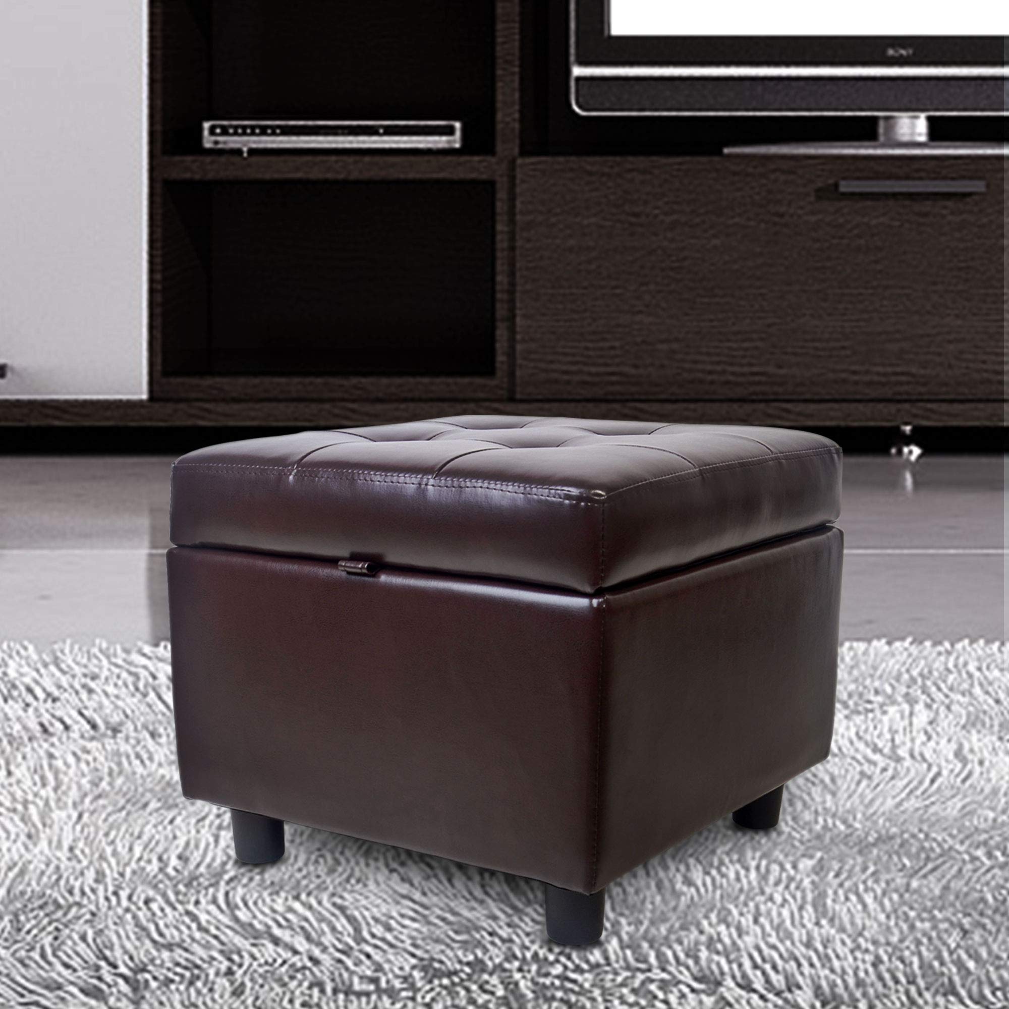 Premium Tufted Leather Storage Ottoman Cube - Brown Flip Top Foot Rest with Hidden Storage | Perfect for Living Room, Bedroom & Home Office Decor