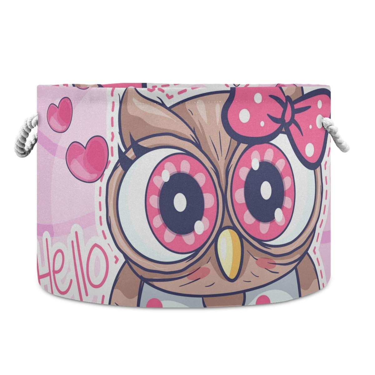 Collapsible Round Storage Basket - Fabric Toy Organizer & Laundry Hamper with Drawstrings for Kids | Cute Pink Cartoon Owl Design | Perfect for Nursery, Playroom, and Bedroom Organization