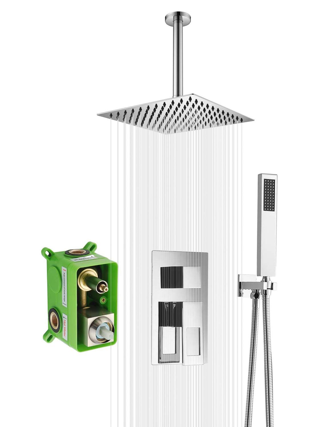Premium Sumerain Ceiling Mount Shower System with Rough-in Valve, Rain Showerhead & Hand Shower in Chrome Finish - Perfect for Luxury Bathroom Renovation and Spa-like Shower Experience