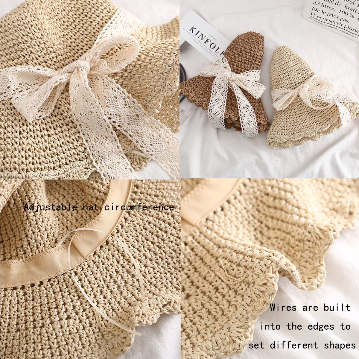 Women's Foldable Wide Brim Straw Sun Hat - UV Protection Packable Beach Hat with Lace Trim - Perfect for Summer Travel, Vacations & Outdoor Activities