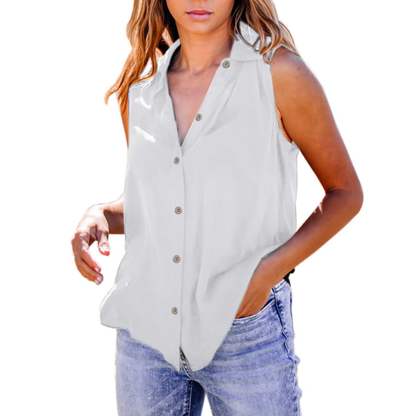 Women's Sleeveless Button-Down Collar Tank Tops - Summer Casual Solid Color Plus Size Vest Shirts for Work, Travel & Outdoor Activities