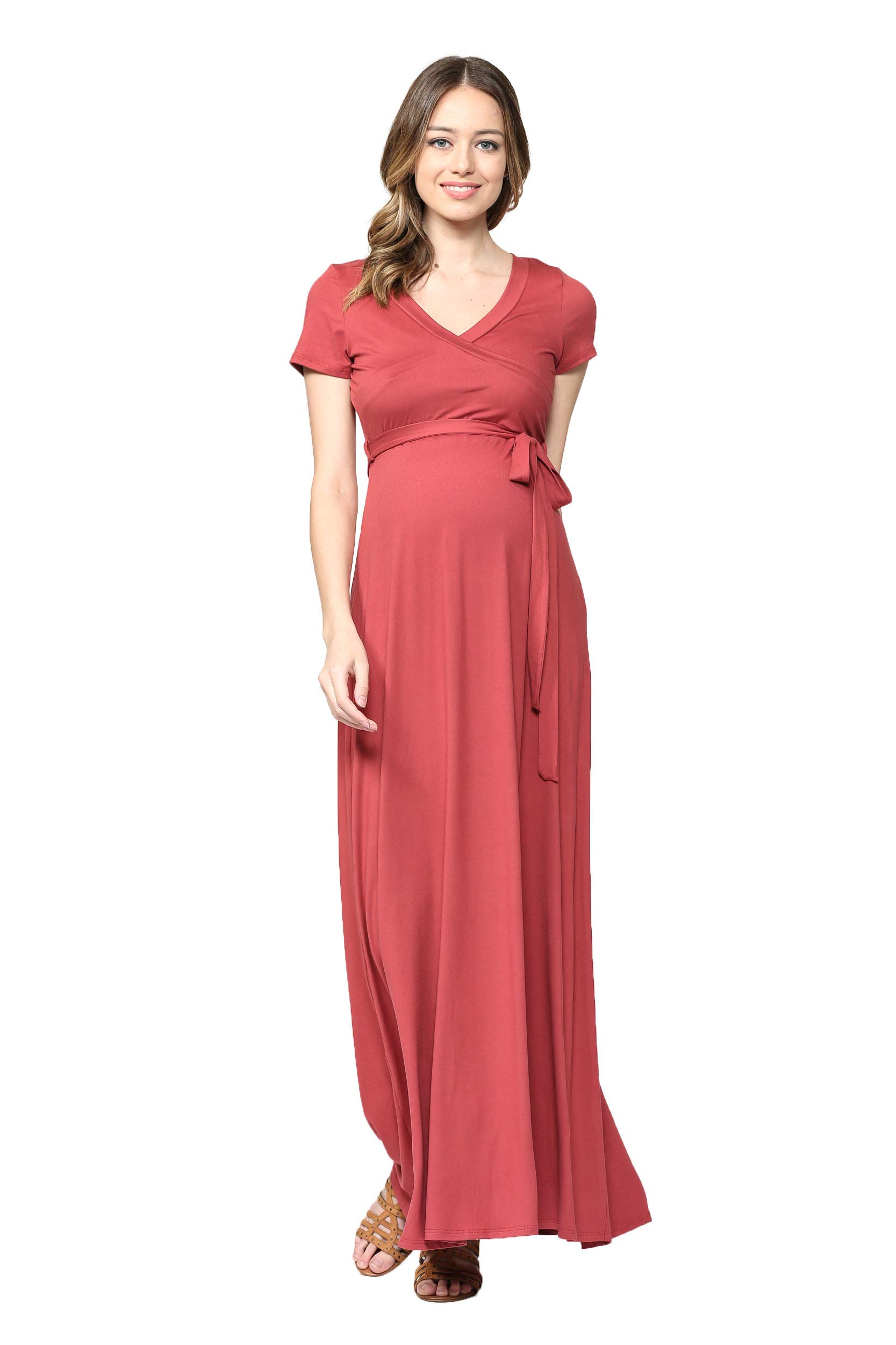 LaClef Women's Faux Wrap Maternity Maxi Dress with Adjustable Belt - Comfortable Pregnancy Dress for Baby Shower, Maternity Photos & Everyday Wear
