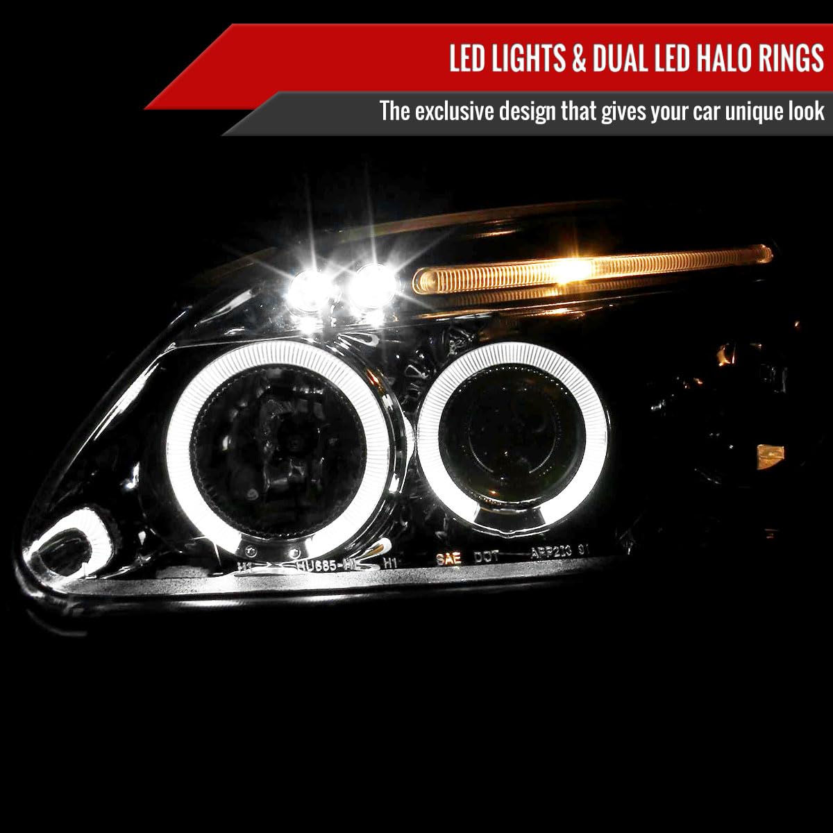 96-98 2/3/4Dr LED Halo Clear Projector Headlights - High Performance Replacement Headlamps with Bright Halo Rings for Enhanced Night Driving Safety