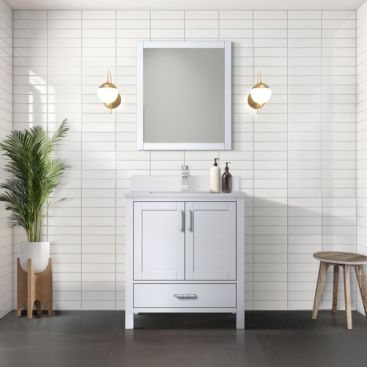 Jacques 30 Inch White Bathroom Vanity with Quartz Countertop & 28 Inch Mirror - Perfect for Modern Bathroom Remodeling, Small Space Solutions & Home Renovation Projects
