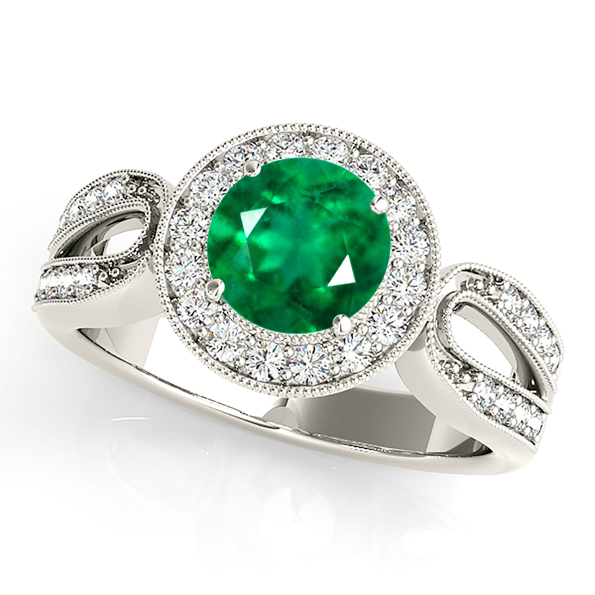 1.75 Carat Genuine Emerald Halo Ring with Milgrain Channel Set Diamonds - Elegant Wedding, Engagement & Anniversary Jewelry Gift for Women