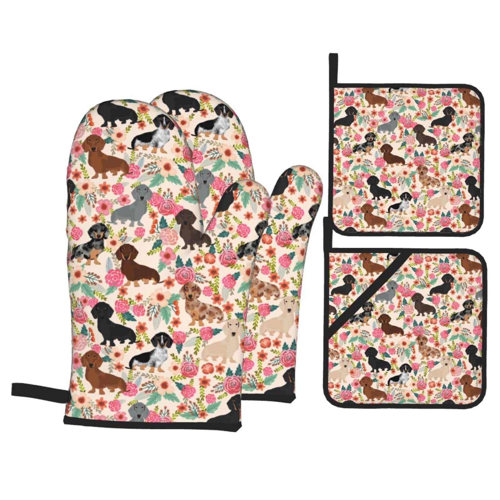 Floral Dachshund Oven Mitts and Pot Holders Set of 4 - Heat Resistant Kitchen Microwave Gloves with Non-Slip Grip for Baking, Cooking, BBQ & Grilling - Perfect for Holiday Gifts & Home Kitchen Use