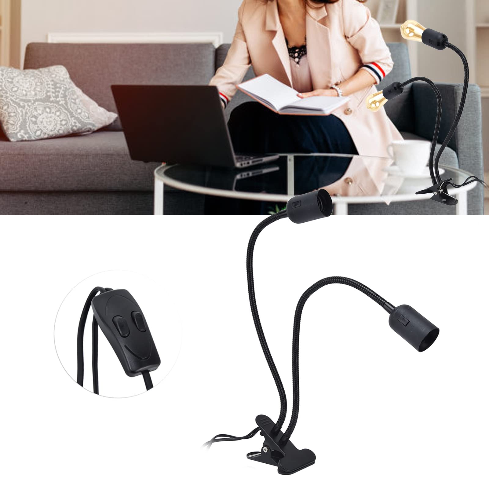 Double Headed LED Desk Lamp Holder with 360° Flexible Rotation - E27/E26 Bulb Adapter, Black - 100-240V Office Desk Clip Clamp Light for Home, Study & Workspace