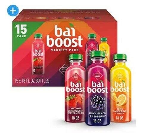 Bai Boost Variety Pack - 15 Pack of 18 Fl Oz Antioxidant Infused Energy Drinks | Refreshing Flavors for Workouts, Office & On-The-Go Hydration