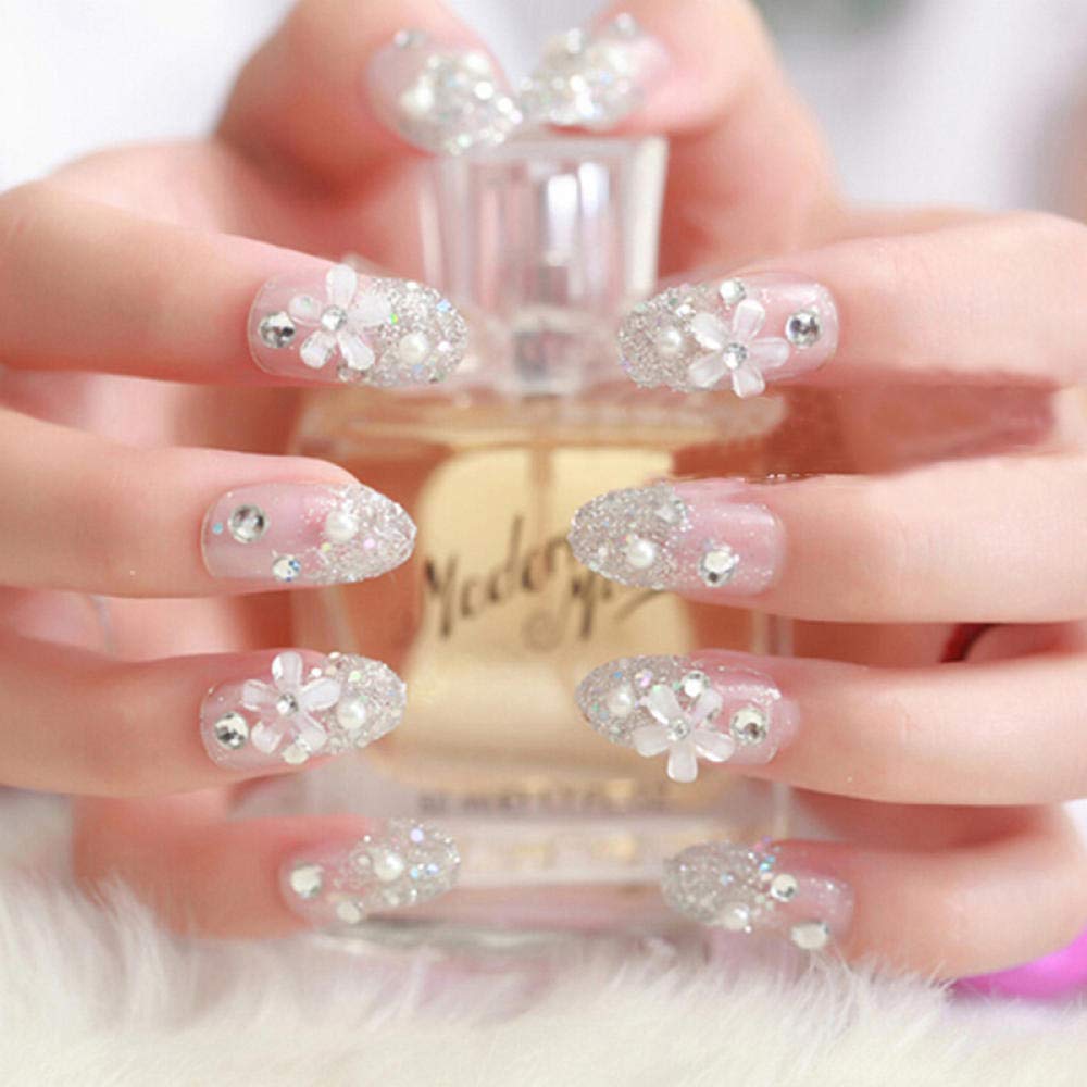 24pcs 3D Bridal Wedding False Nails with White Pearl Flower Design - Artificial Nail Tips for Nail Art & Beauty - Perfect for Weddings, Parties, and Special Occasions