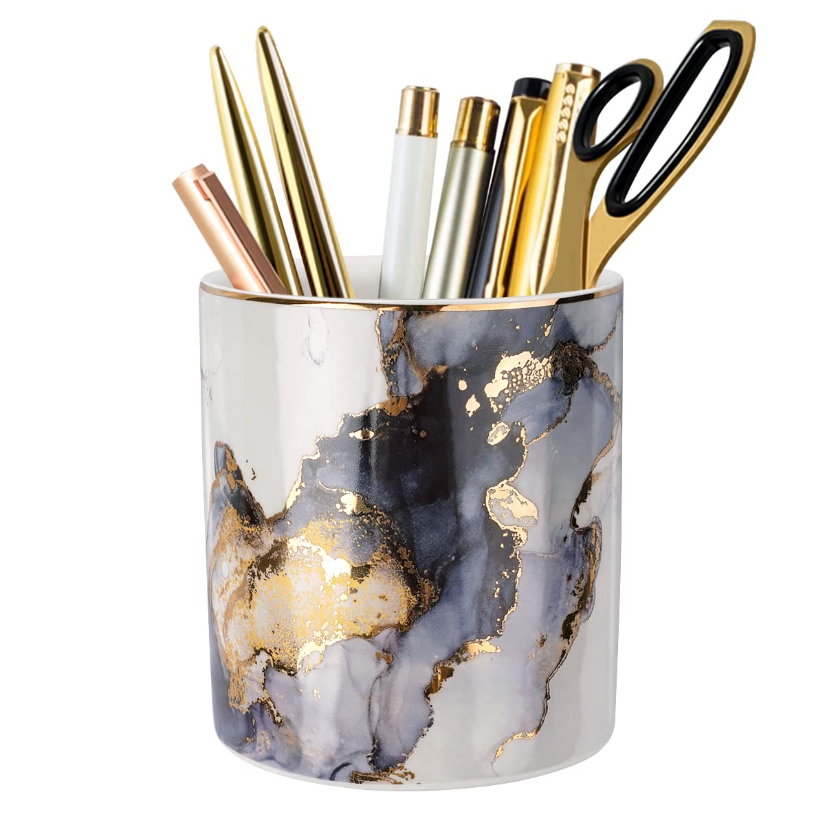 Waveyu Marble Ceramic Pencil Holder - Durable Desk Organizer for Office, Classroom & Home - Stylish Gray Gold Desktop Stationery Storage - Perfect for Pens, Markers & Office Supplies