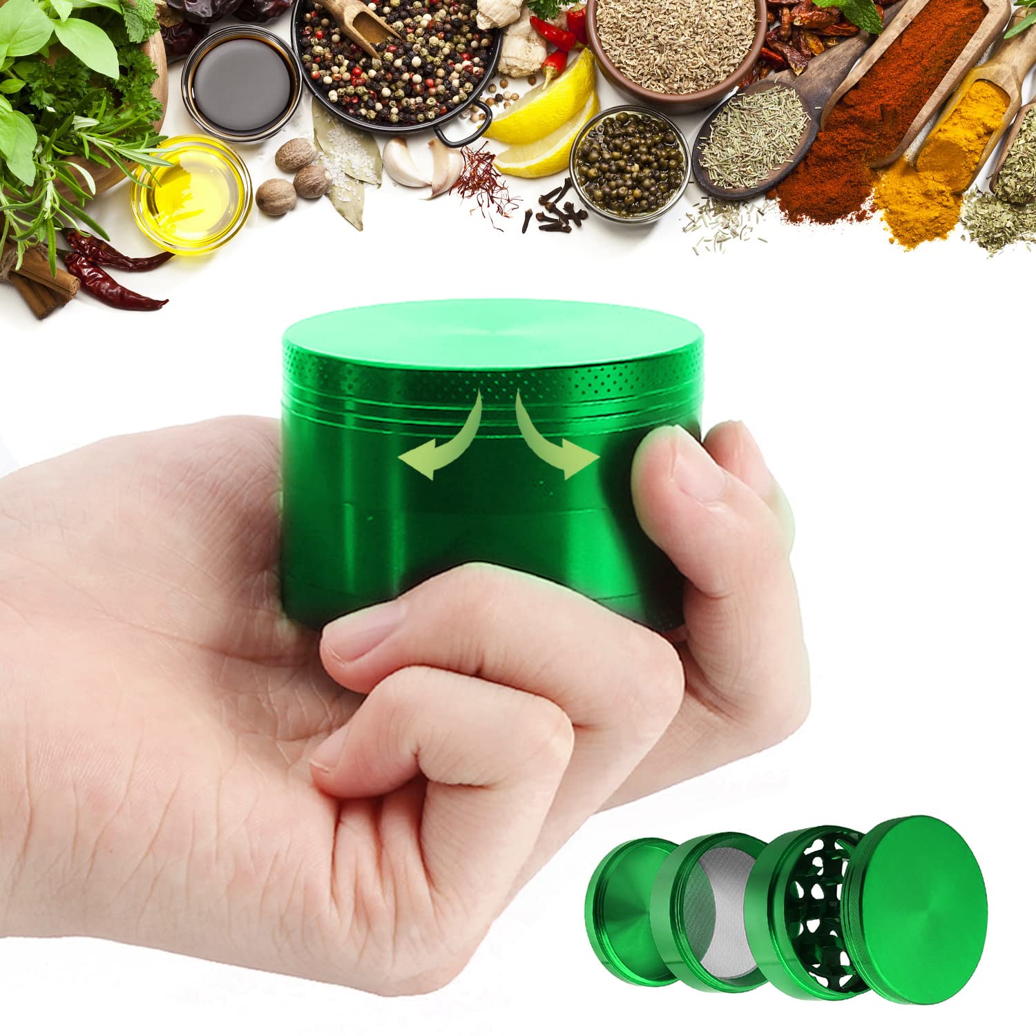 Premium 4-Piece Metal Herb Grinder - Spice, Coffee & Pollen Scraper Included - 63mm Diameter - Perfect for Kitchen, Travel & Outdoor Adventures