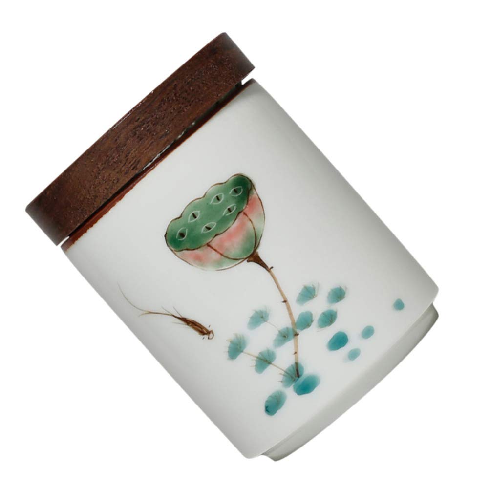 Hemoton 1-Piece Airtight Porcelain Tea Storage Jar with Lid - Food Safe Container for Loose Leaf Tea, Coffee Beans, Biscuits & Spices - Perfect for Kitchen, Pantry & Home Decor (Wooden Accent)